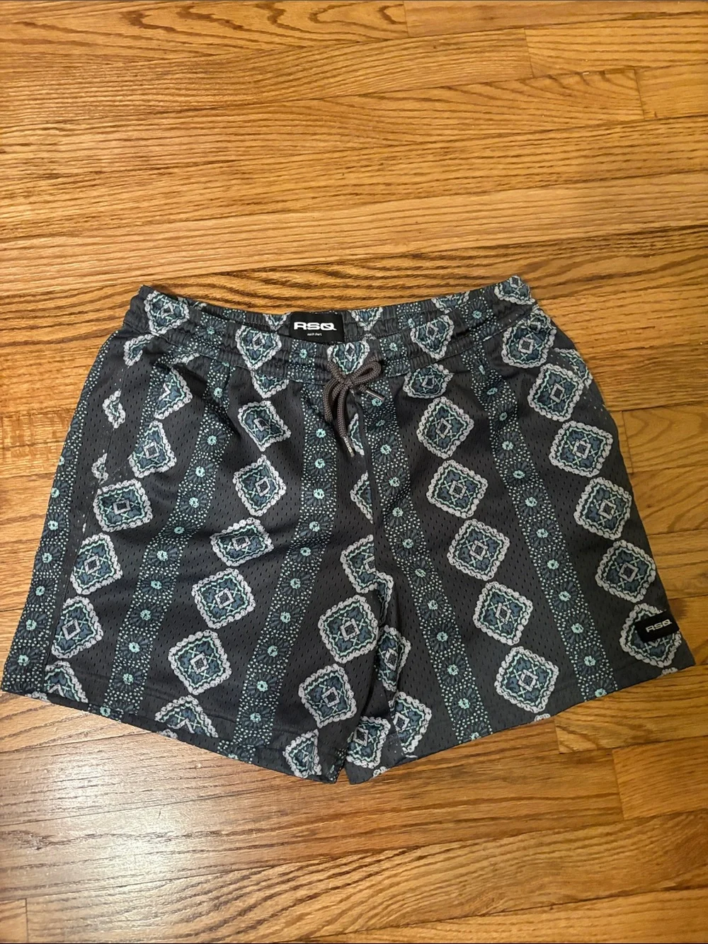 RSQ Men's Black Swim Shorts with Teal Geometric Print
